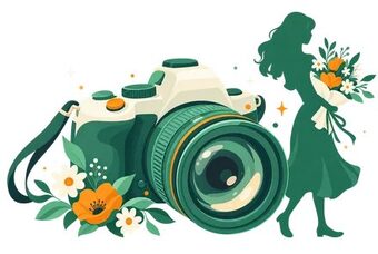 Фотоаппарат и силуэт с букетом